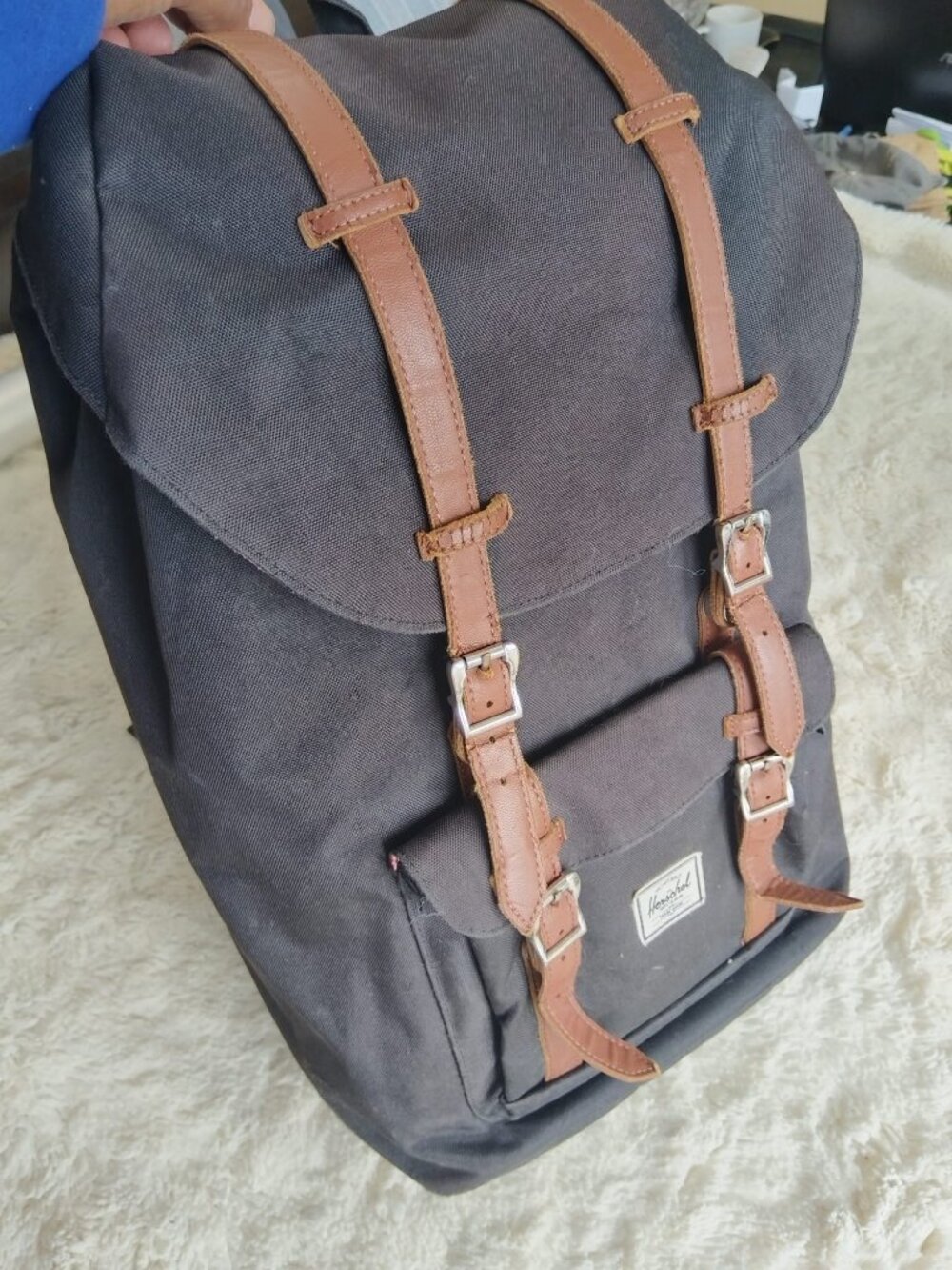 Herschel Supply Co. Little America Backpack Black Tan Leather Straps Laptop Slee